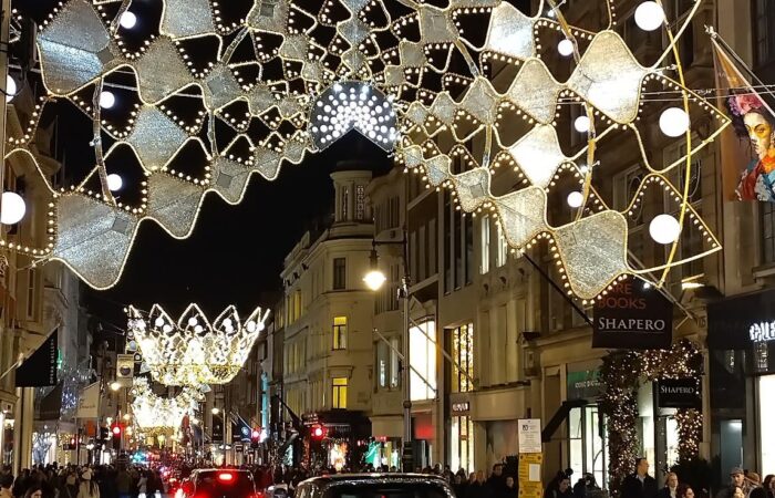 New Bond Street at night with Christmas decorations blazing