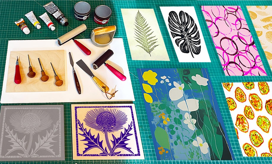 4 prints of leaves in different colours laid out on a table next to hand rollers and paints.
